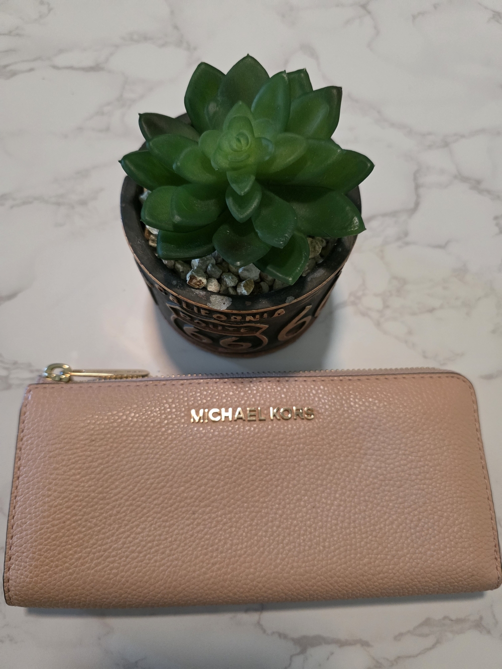 Michael Kors Pale Pink Pebbled Leather Zip Wallet with Gold Logo